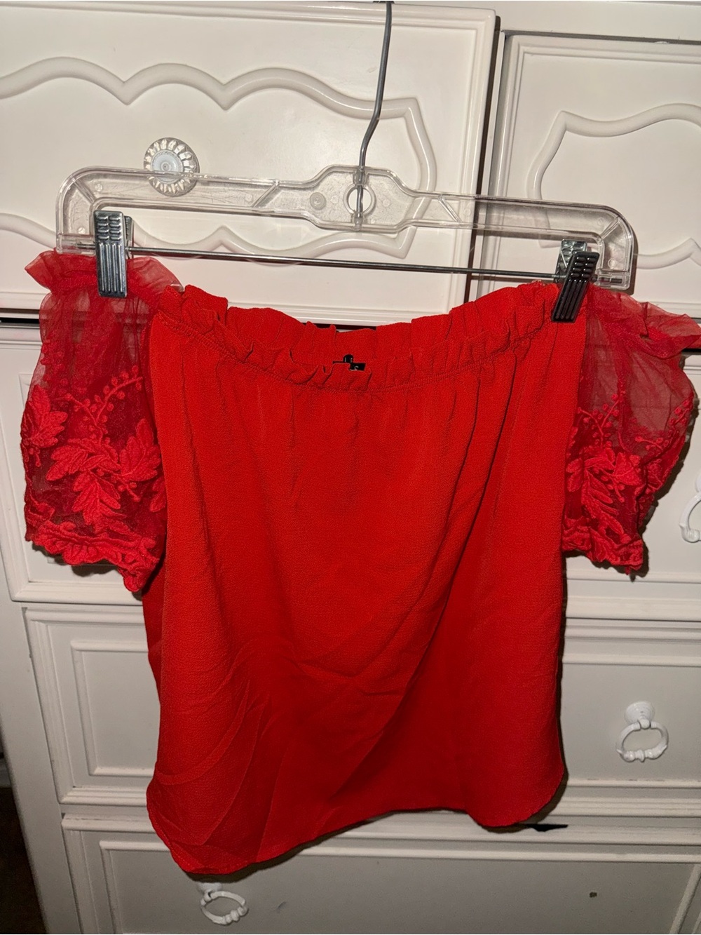 Off-Shoulder Red Embroidered Sleeve Women's Top
